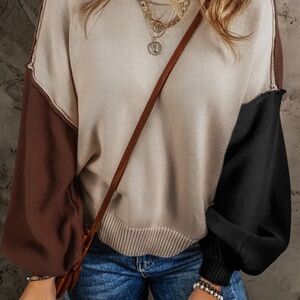 Colorblock Balloon Sleeve Sweater – Brown/Black/Beige (S–XL Available)